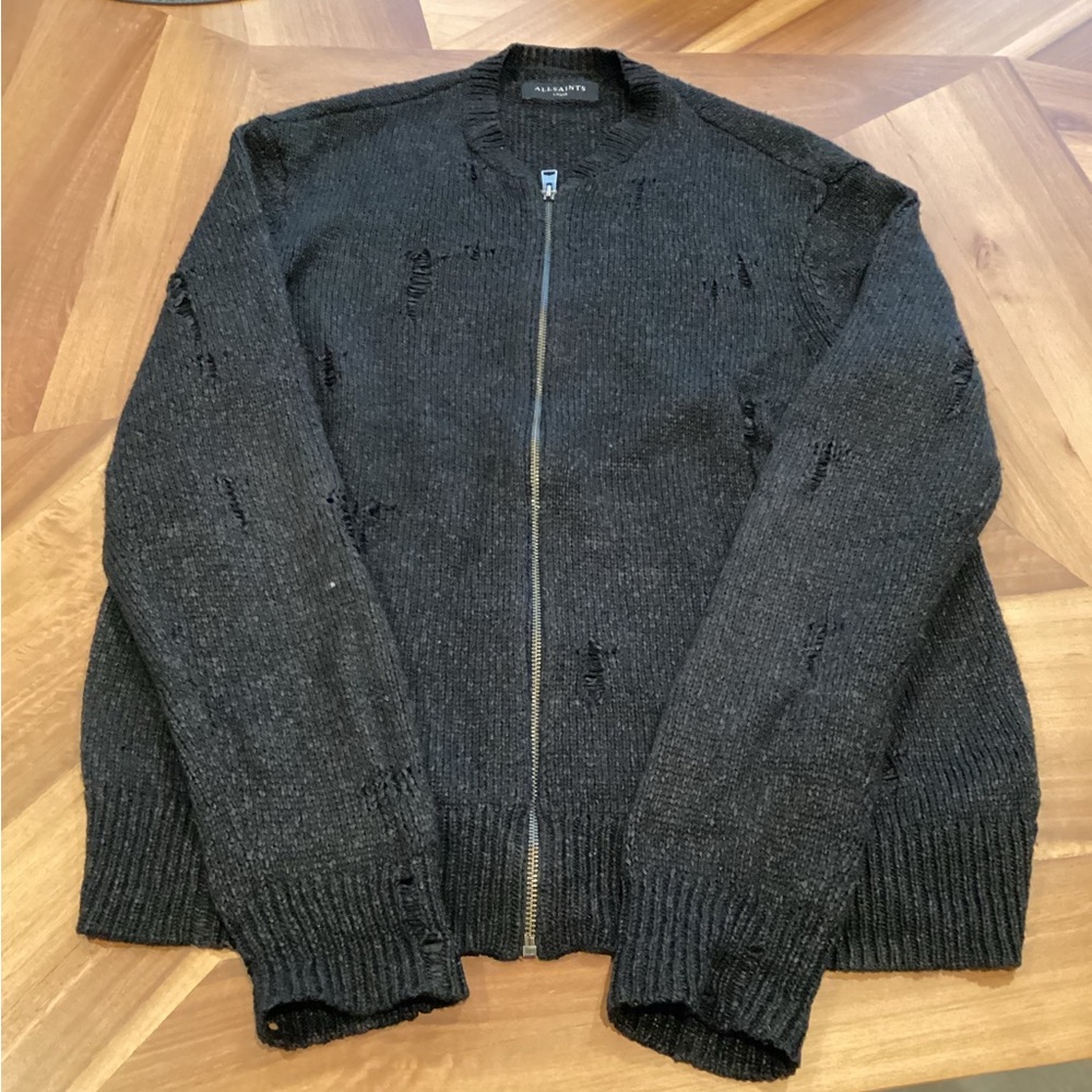 All Saints Distressed Zip-Up Cardigan